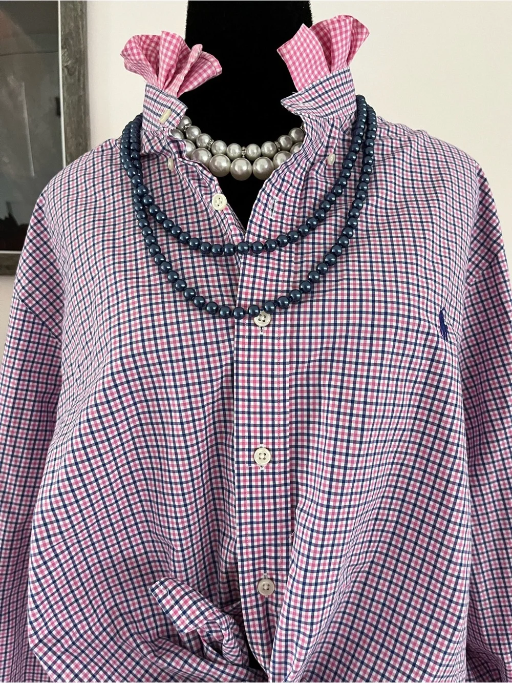 Reworked Ralph Lauren Pink and Blue Gingham Button-Down Ruffle Collar - Picture 7 of 9